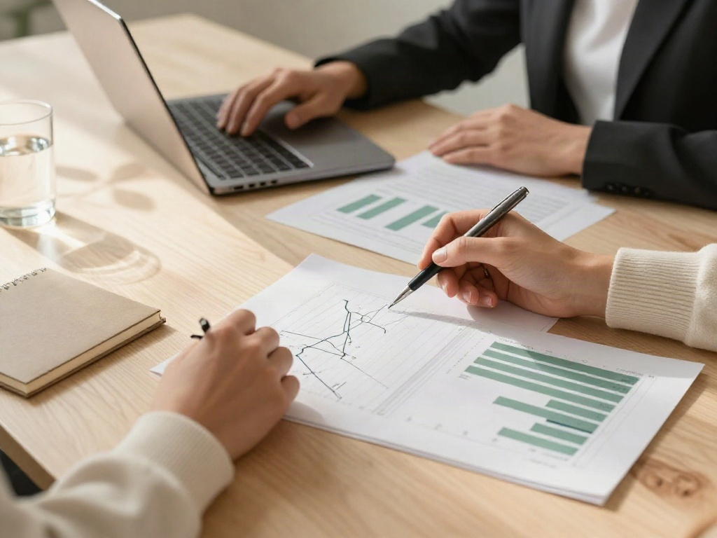 Close-up of a collaborative business review with printed charts, notes and a laptop on an oak meeting table