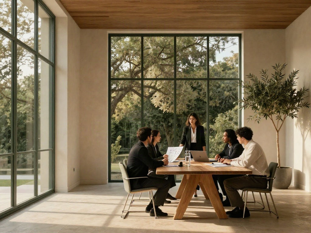 Business strategists reviewing insights together in a sunlit contemporary boardroom